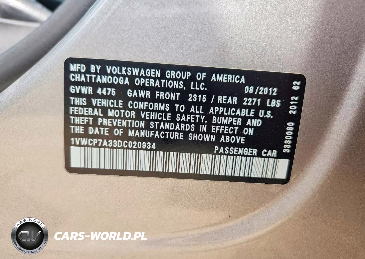 2013 Volkswagen Passat Sel VIN:1VWCP7A33DC020934 - 12