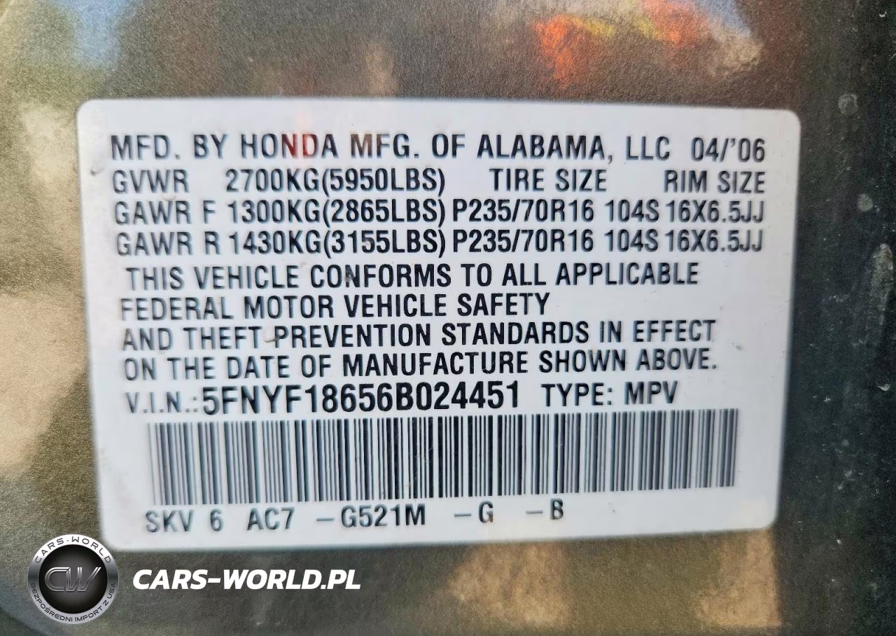 2006 Honda Pilot Ex VIN:5FNYF18656B024451 - 13