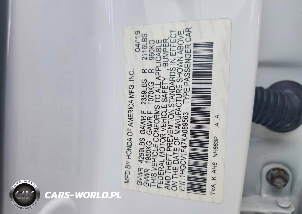 2019 Honda Accord VIN:1HGCV1F47KA089563 - 12