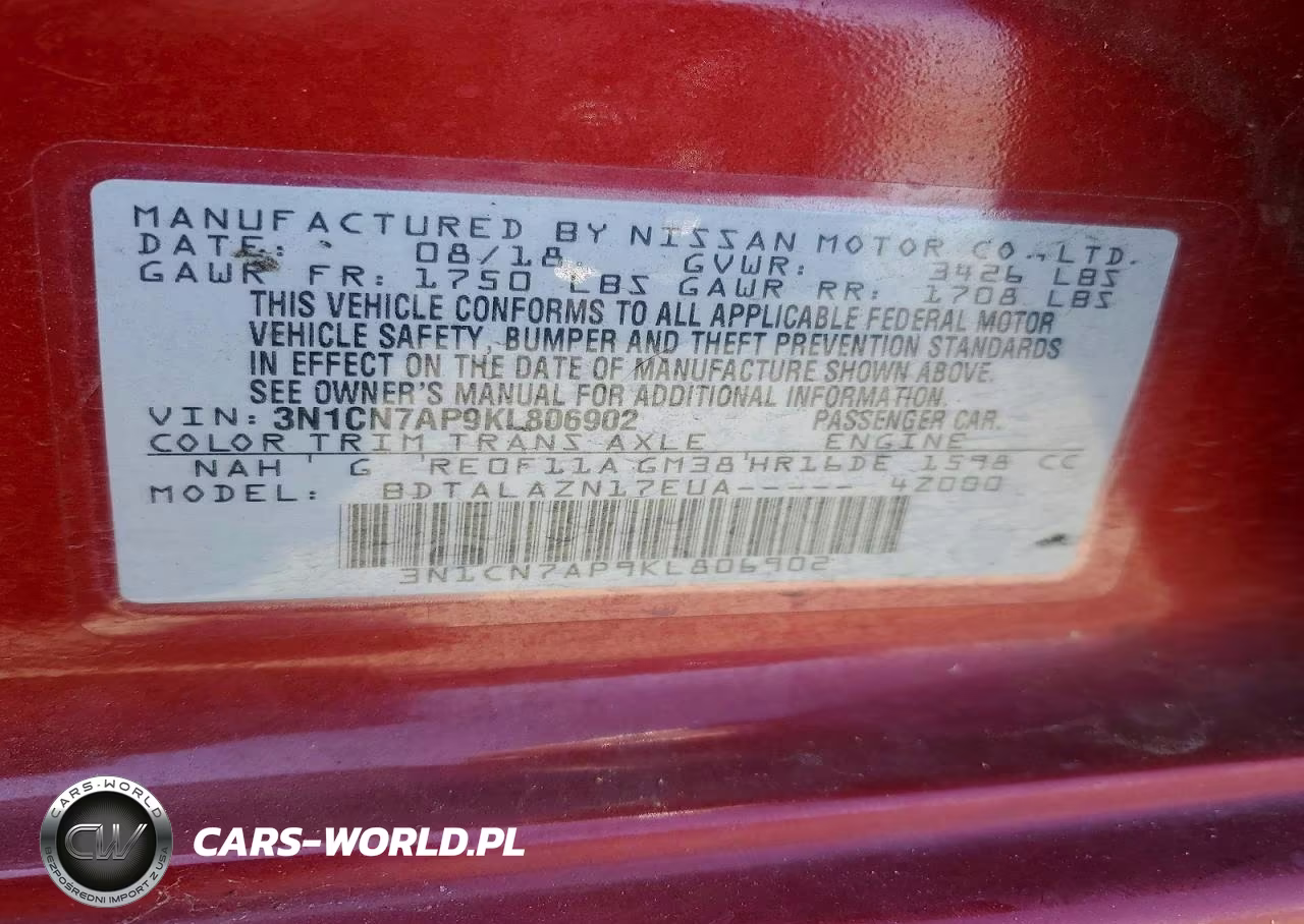 2019 Nissan Versa S Plus VIN:3N1CN7AP9KL806902 - 12