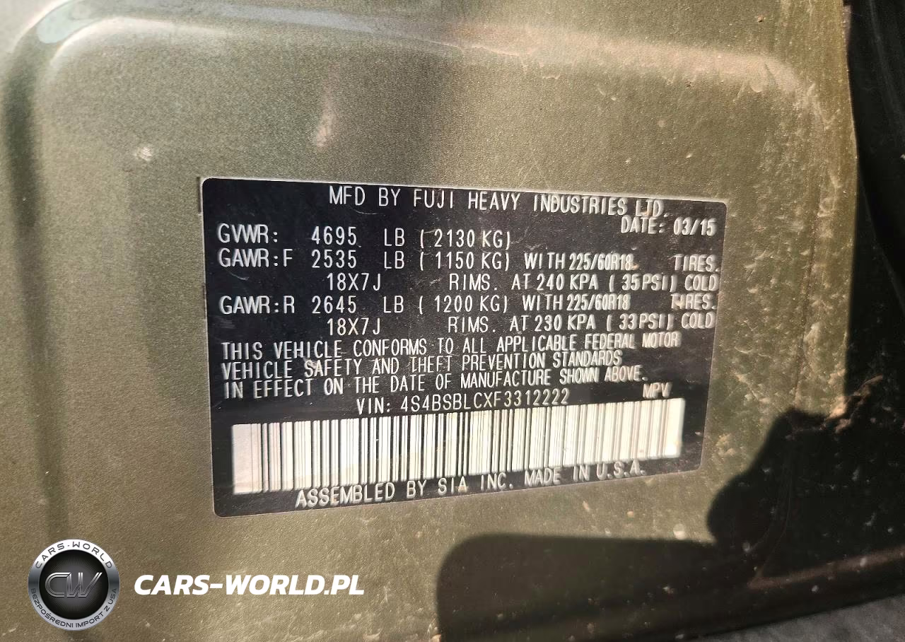 2015 Subaru Outback 2.5I Limited VIN:4S4BSBLCXF3312222 - 13