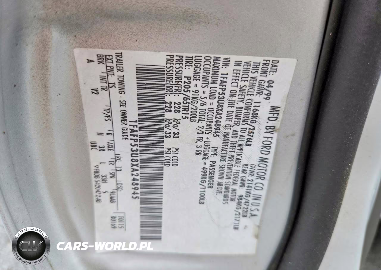 1999 Ford Taurus Se VIN:1FAFP53U8XA248945 - 12
