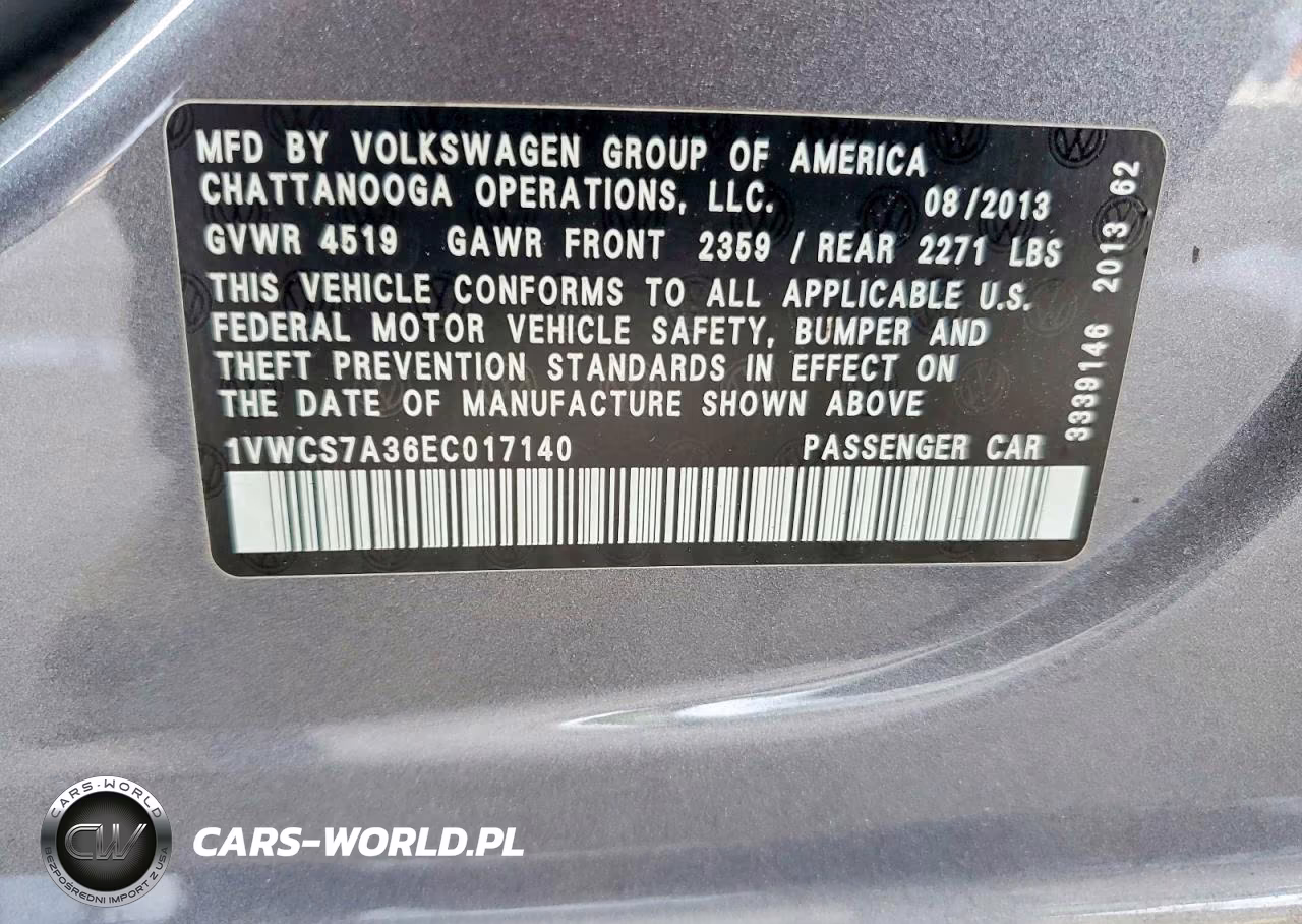 2014 Volkswagen Passat Sel VIN:1VWCS7A36EC017140 - 13