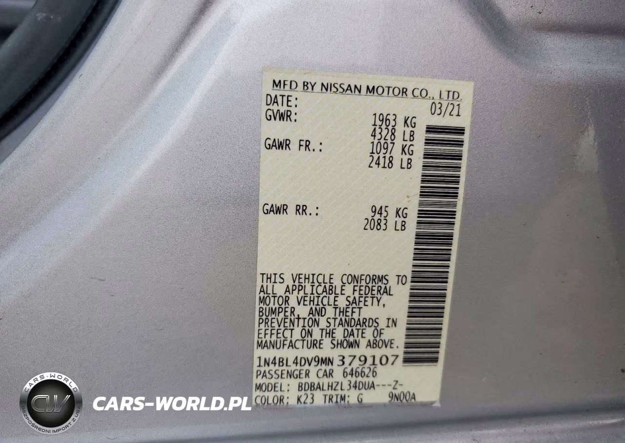 2021 Nissan Altima Sv VIN:1N4BL4DV9MN379107 - 12