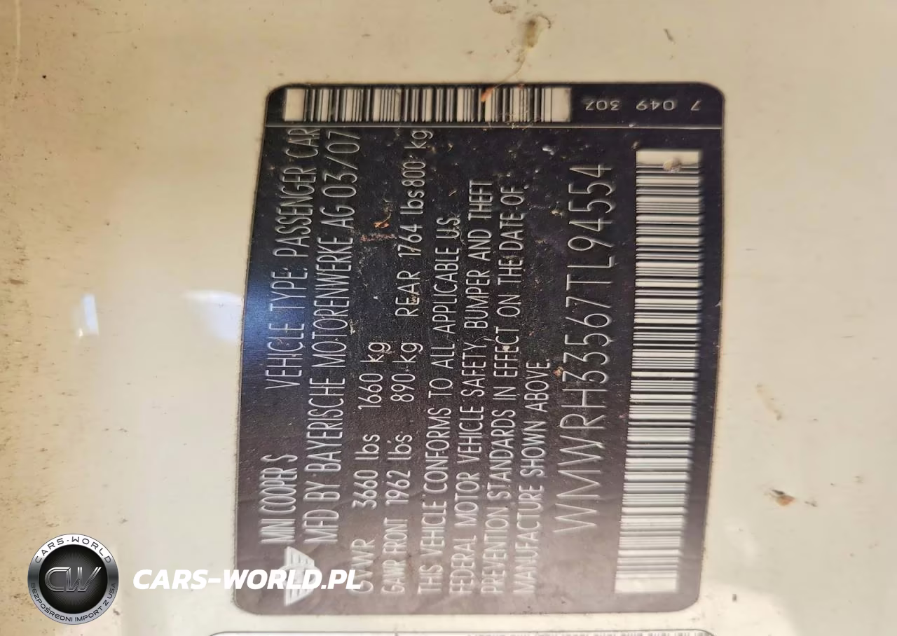 2007 Mini Cooper S VIN:WMWRH33567TL94554 - 12