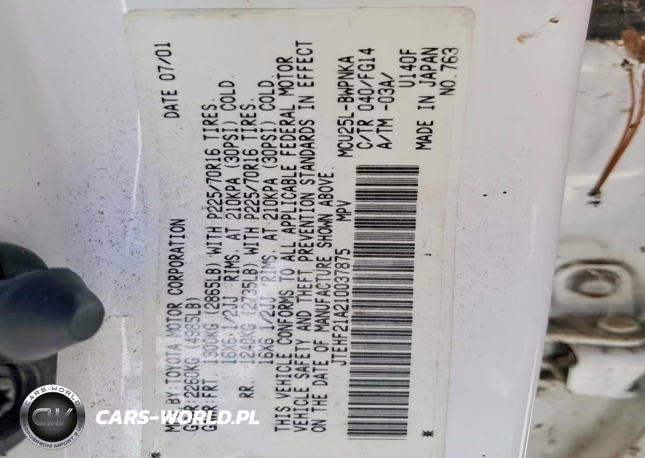 2001 Toyota Highlander Base VIN:JTEHF21A210037875 - 12