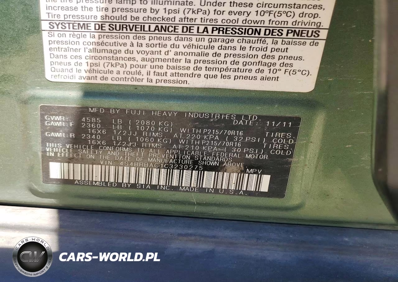 2012 Subaru Outback 2.5I VIN:4S4BRBAC1C3230275 - 12