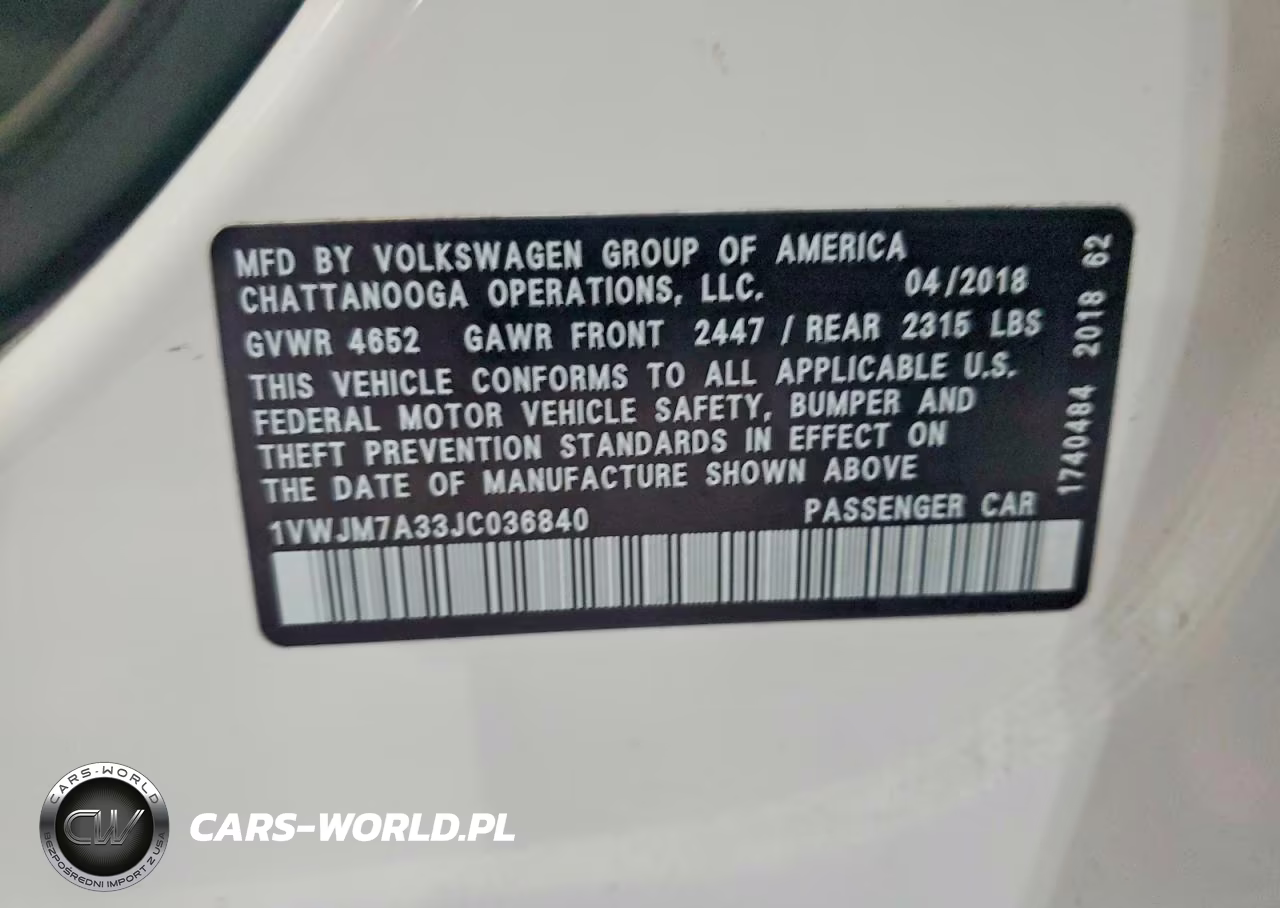 2018 Volkswagen Passat Gt VIN:1VWJM7A33JC036840 - 12