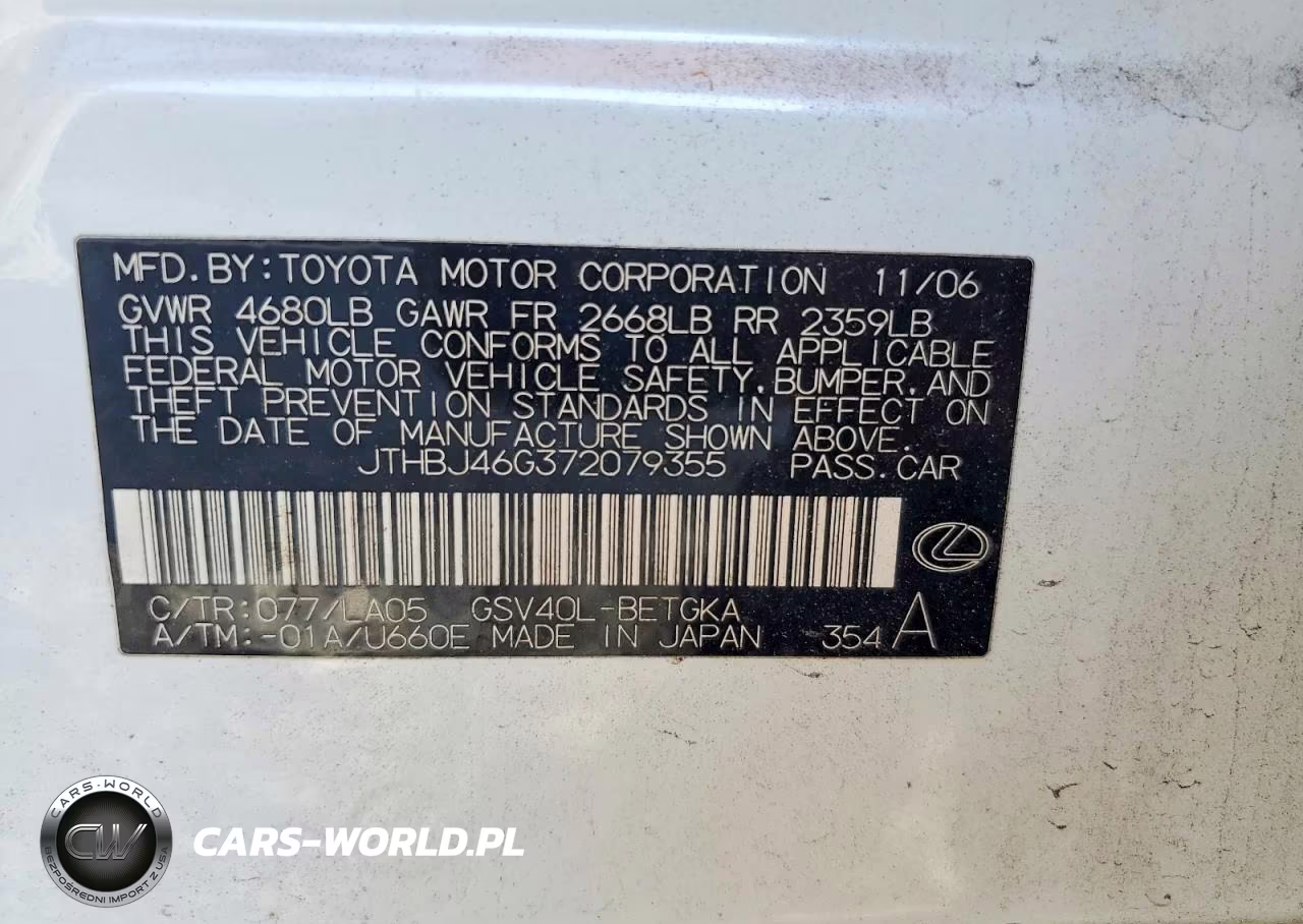 2007 Lexus Es 350 VIN:JTHBJ46G372079355 - 12