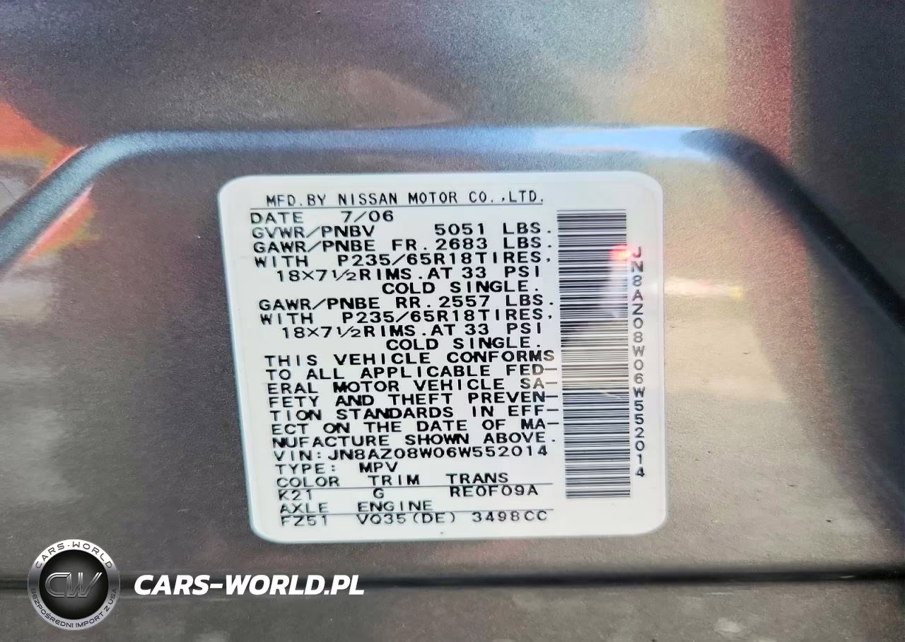 2006 Nissan Murano S VIN:JN8AZ08W06W552014 - 13