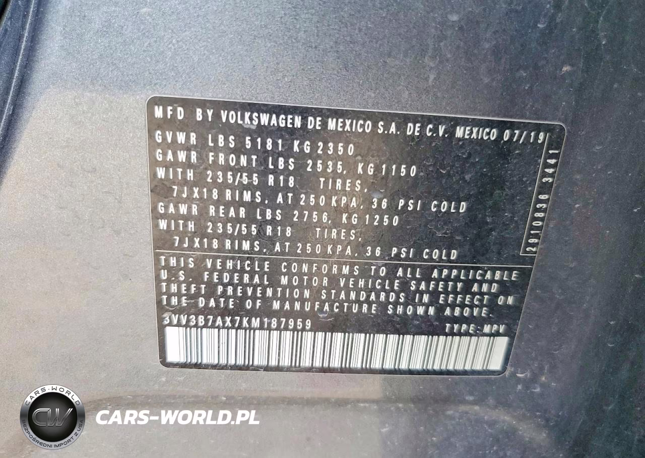 2019 Volkswagen Tiguan Se VIN:3VV3B7AX7KM187959 - 12