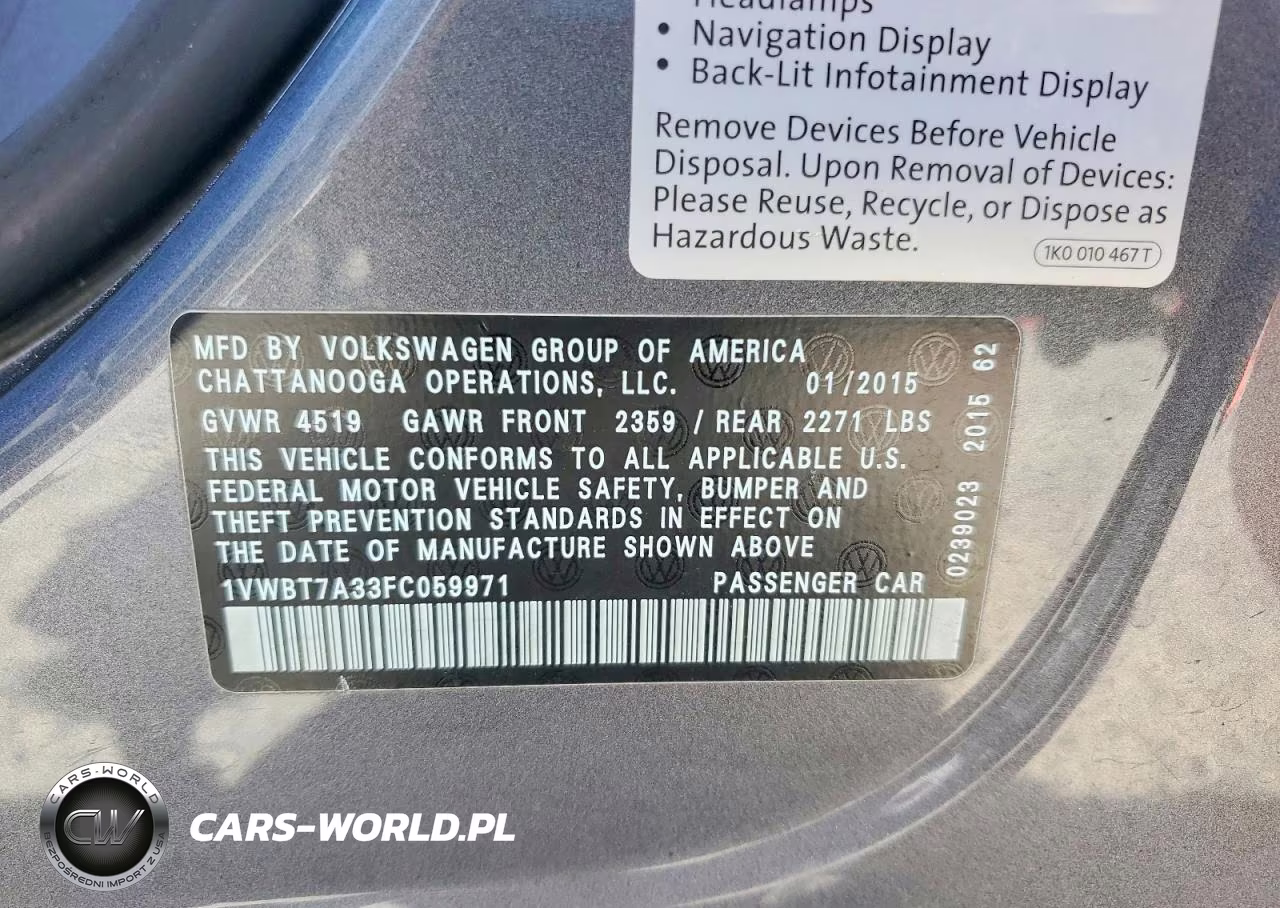 2015 Volkswagen Passat 1.8T Se VIN:1VWBT7A33FC059971 - 13