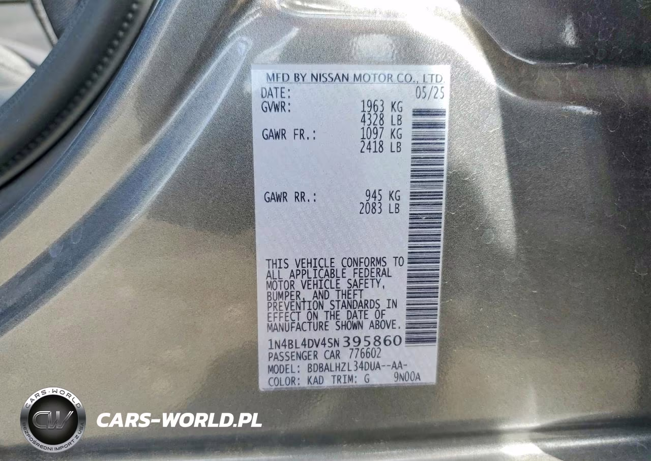 2025 Nissan Altima Sv VIN:1N4BL4DV4SN395860 - 12