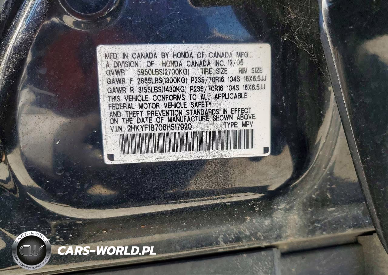 2006 Honda Pilot Ex VIN:2HKYF18706H517920 - 12