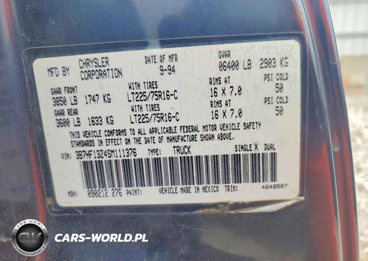 1995 Dodge Ram 1500 VIN:3B7HF13Z4SM111376 - 12