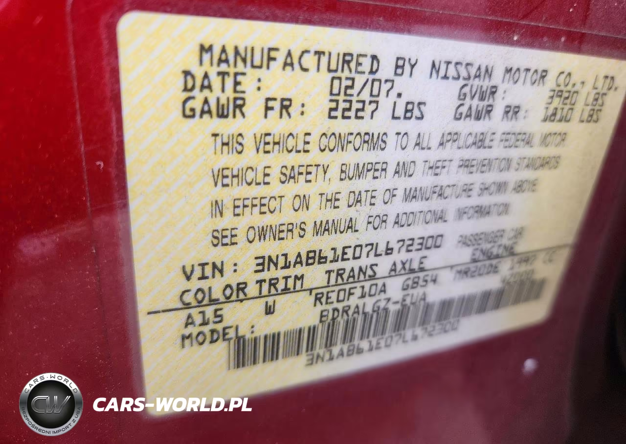 2007 Nissan Sentra 2.0-2.0S-2.0Sl VIN:3N1AB61E07L672300 - 12