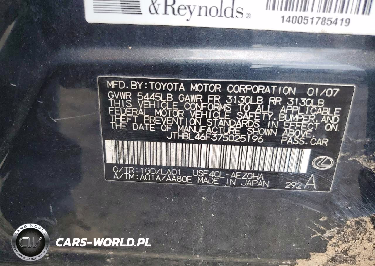 2007 Lexus Ls 460 VIN:JTHBL46F375025196 - 12