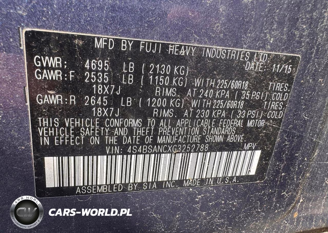 2016 Subaru Outback 2.5I Limited VIN:4S4BSANCXG3252788 - 10