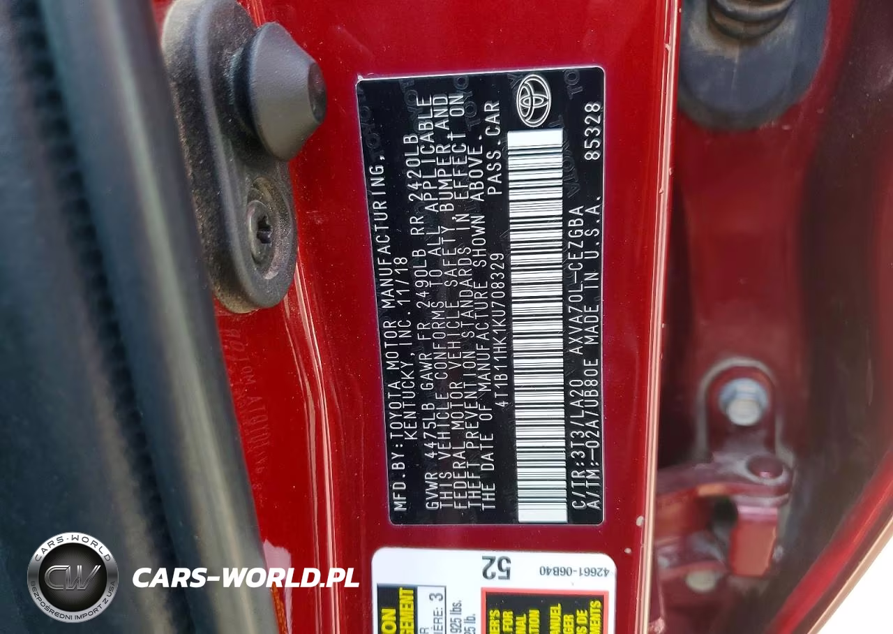 2019 Toyota Camry Xle VIN:4T1B11HK1KU708329 - 12