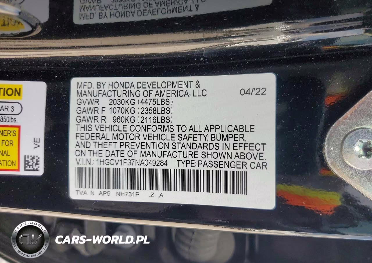 2022 Honda Accord Sport VIN:1HGCV1F37NA049284 - 12