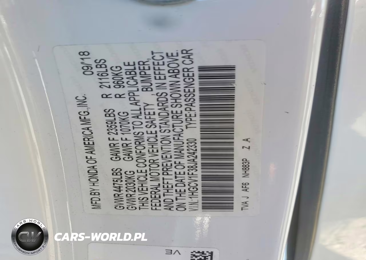 2018 Honda Accord Sport VIN:1HGCV1F38JA242330 - 12