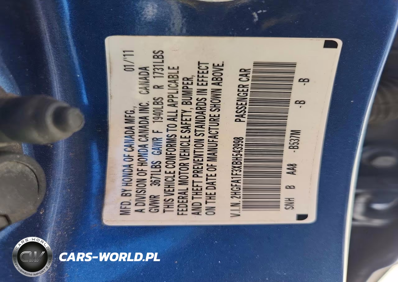2011 Honda Civic Vp VIN:2HGFA1F3XBH543998 - 12