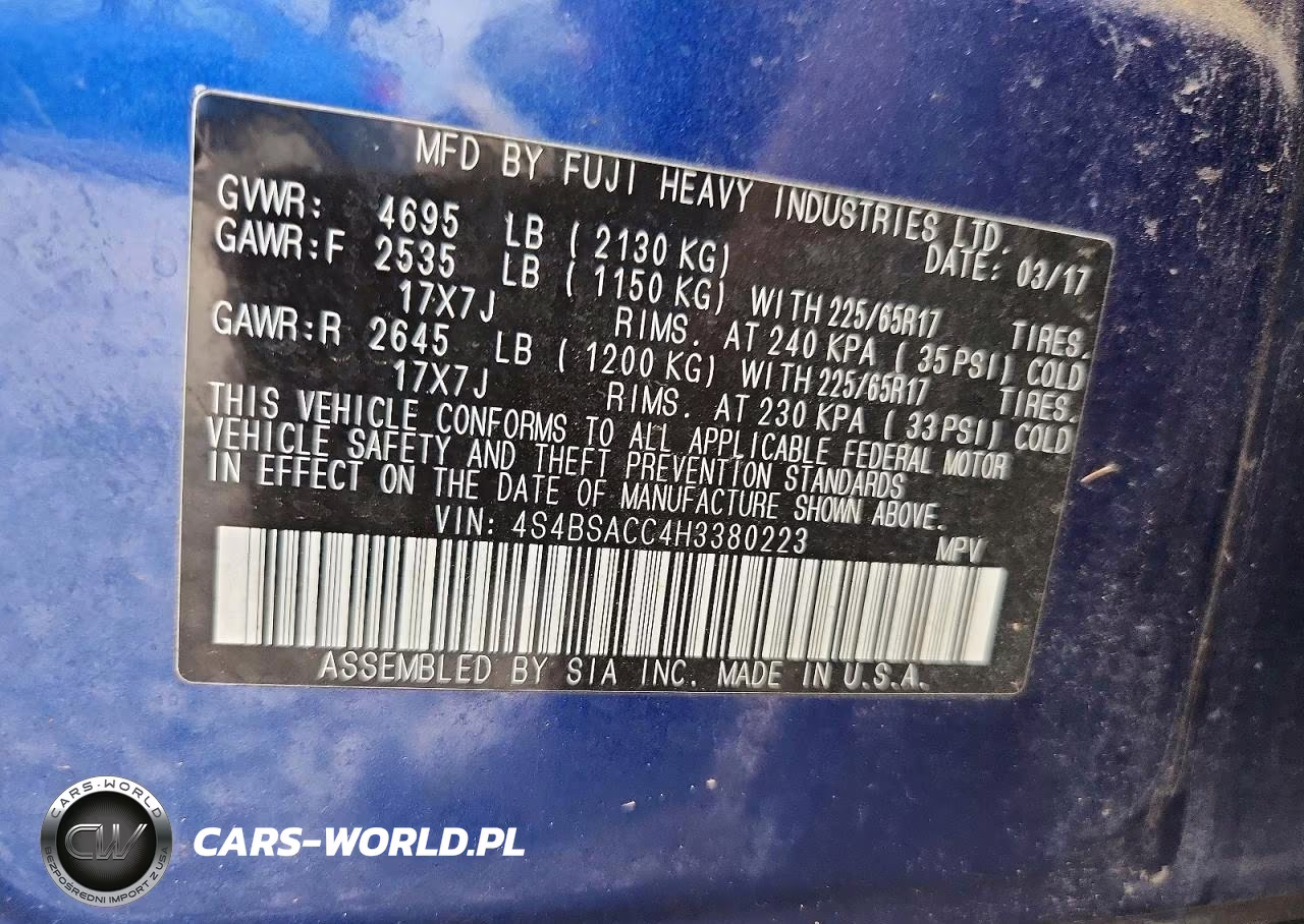 2017 Subaru Outback 2.5I Premium VIN:4S4BSACC4H3380223 - 14