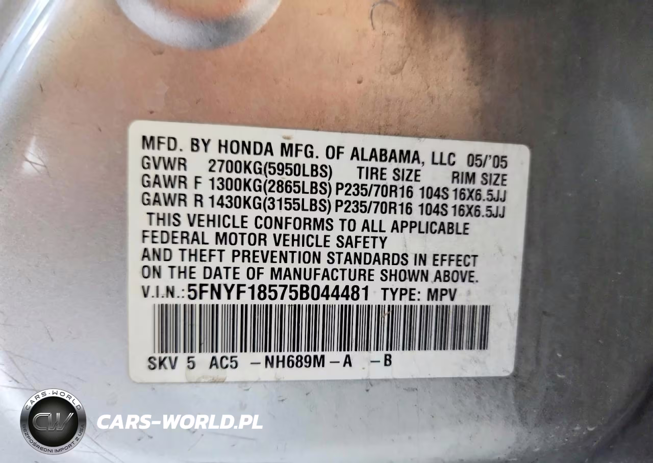 2005 Honda Pilot Exl VIN:5FNYF18575B044481 - 13