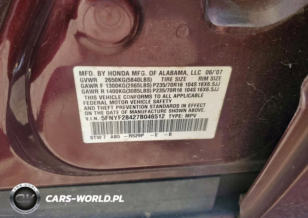 2007 Honda Pilot Ex VIN:5FNYF28427B046512 - 12