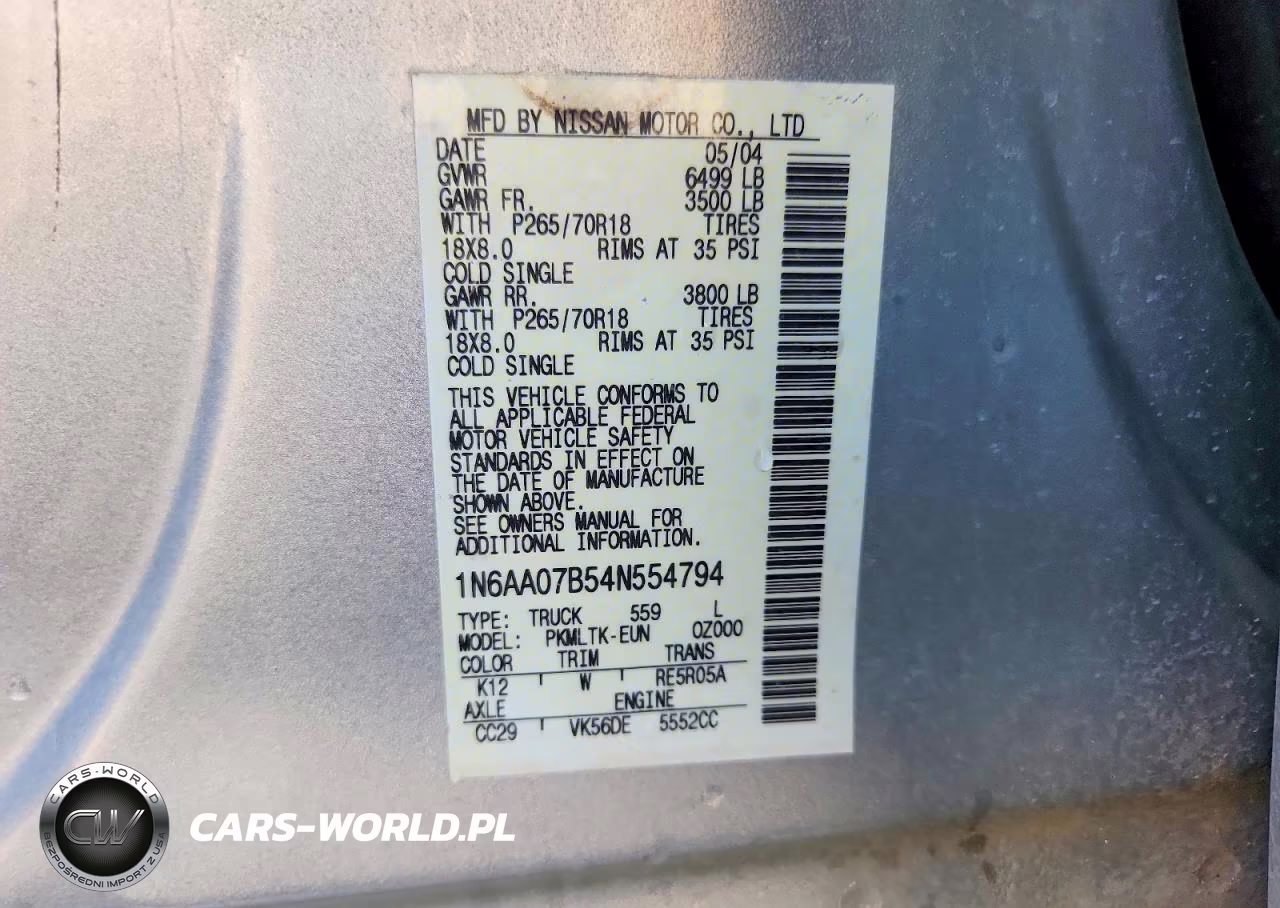 2004 Nissan Titan Xe-Se-Le VIN:1N6AA07B54N554794 - 12