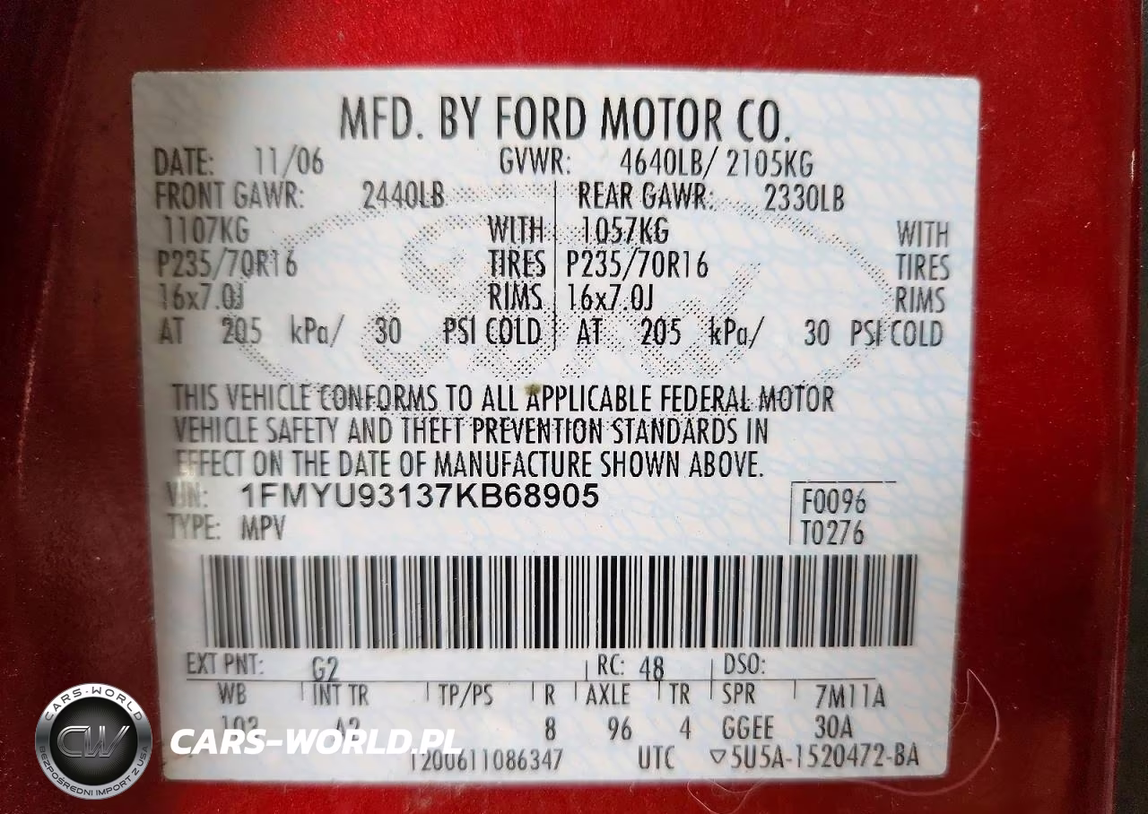 2007 Ford Escape Xlt VIN:1FMYU93137KB68905 - 12