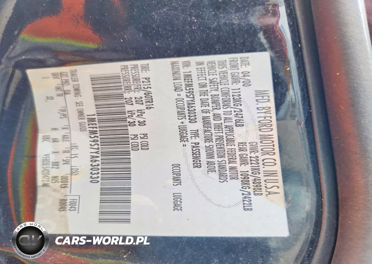 2000 Mercury Sable Ls Premium VIN:1MEFM59S7YA630330 - 13