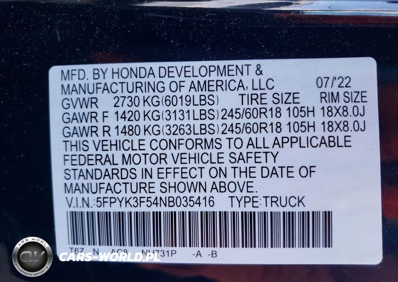 2022 Honda Ridgeline Rtl VIN:5FPYK3F54NB035416 - 12