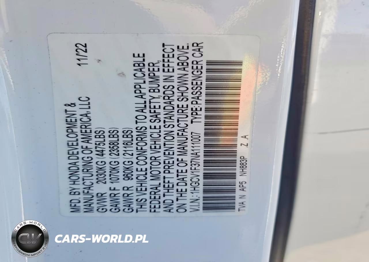 2022 Honda Accord Sport VIN:1HGCV1F37NA111007 - 12