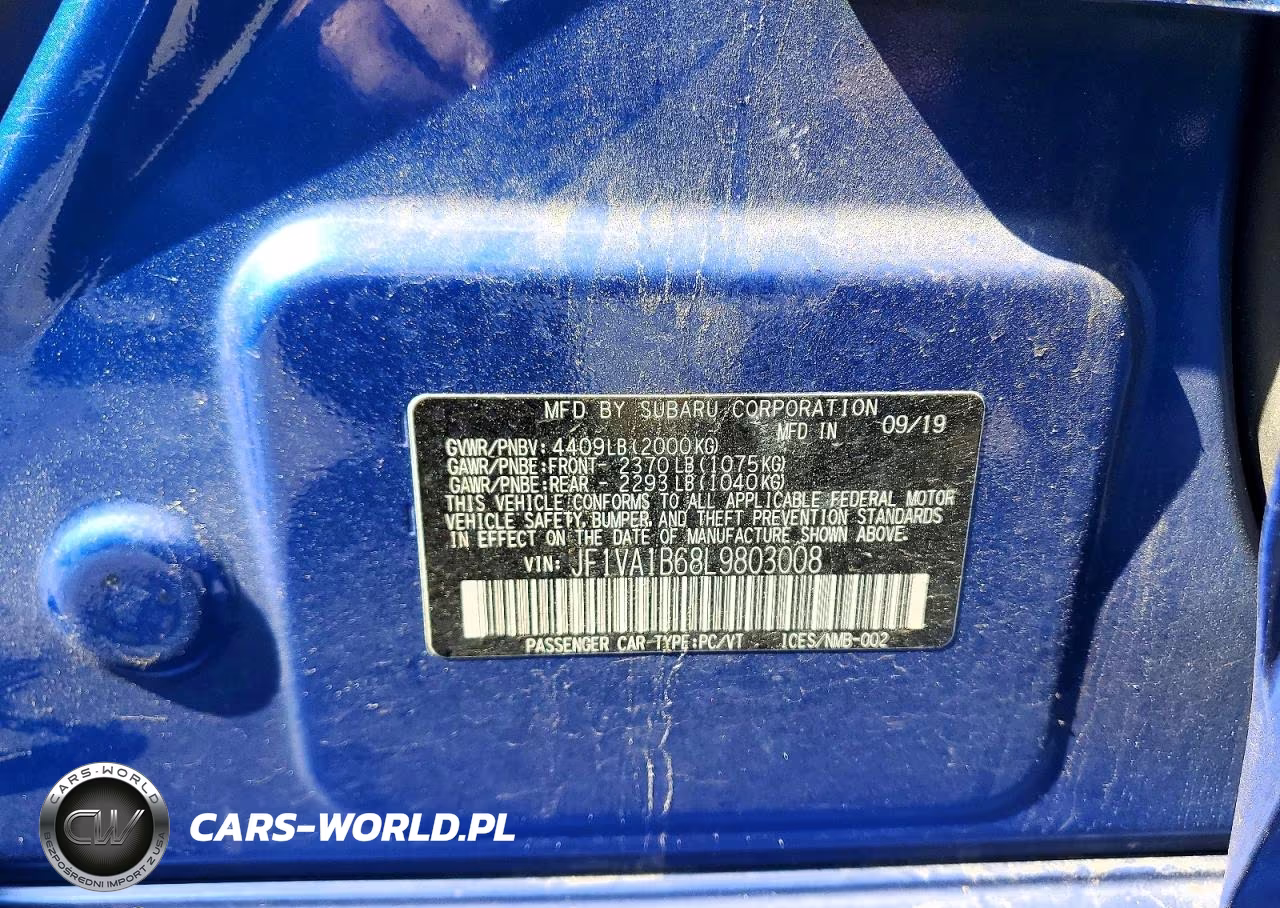 2020 Subaru Wrx Premium VIN:JF1VA1B68L9803008 - 12