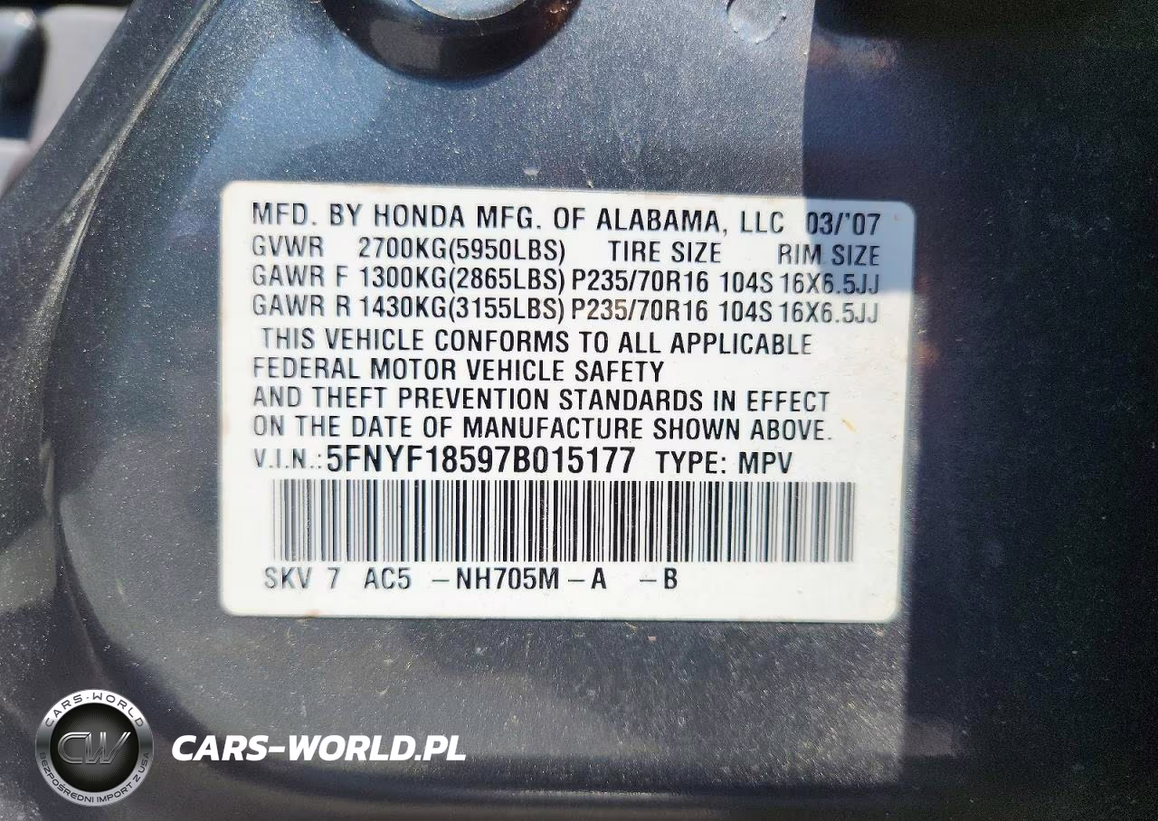 2007 Honda Pilot Exl VIN:5FNYF18597B015177 - 13