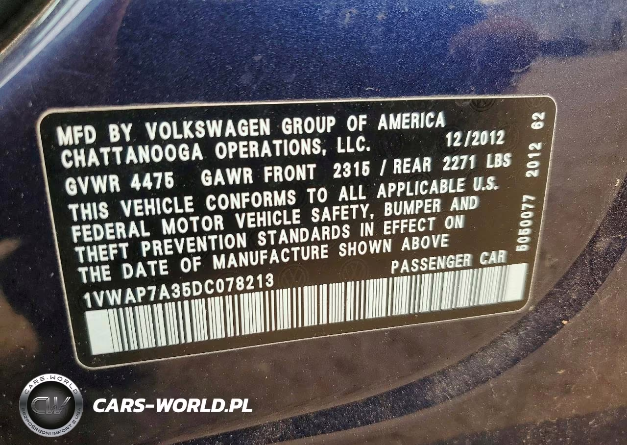 2013 Volkswagen Passat S VIN:1VWAP7A35DC078213 - 12