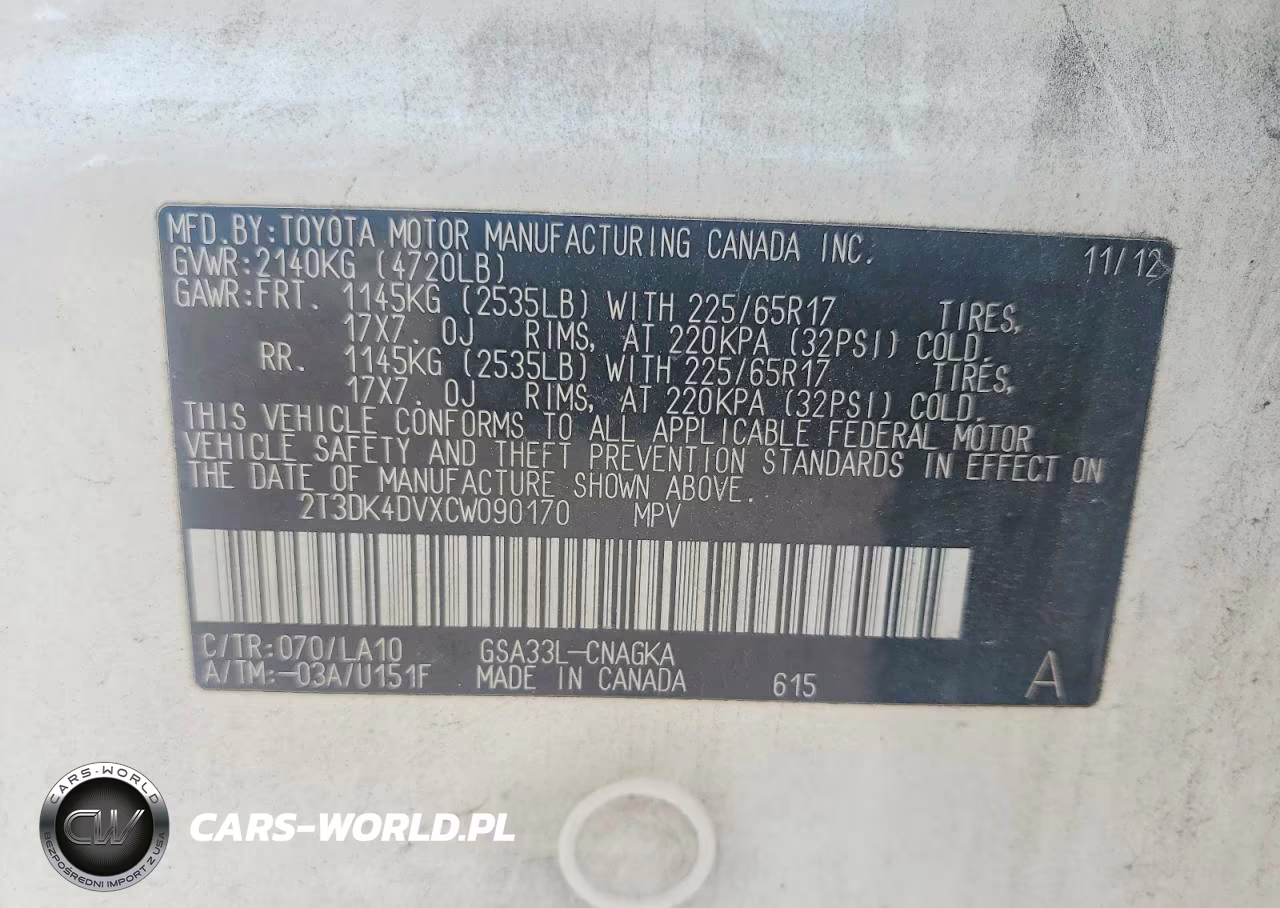 2012 Toyota Rav4 Limited VIN:2T3DK4DVXCW090170 - 12