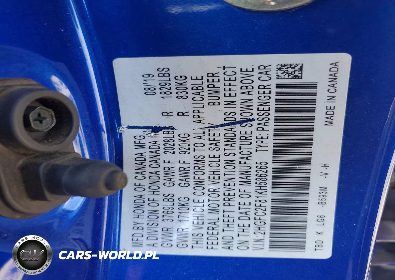 2019 Honda Civic Sport VIN:2HGFC2F81KH586265 - 12