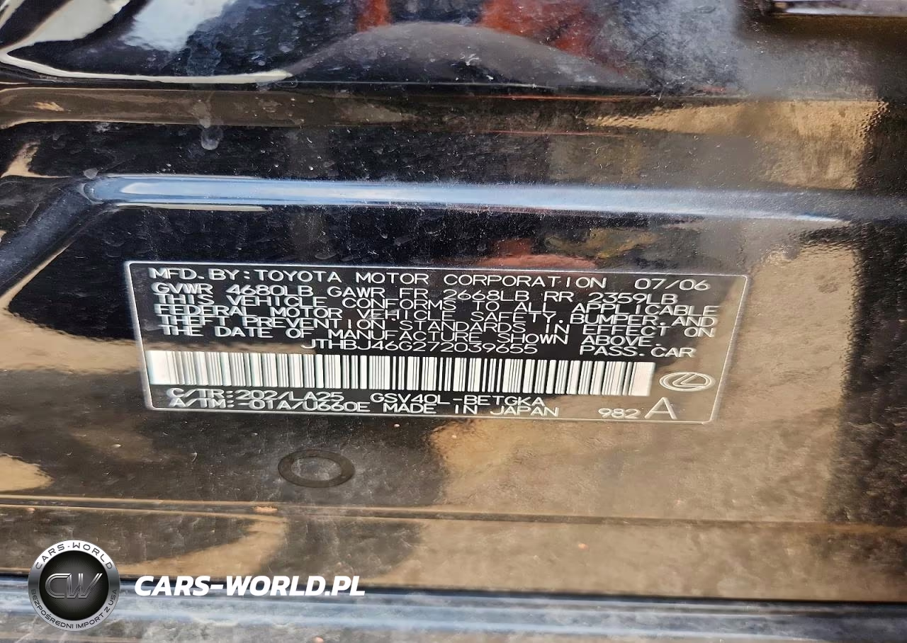 2007 Lexus Es 350 VIN:JTHBJ46G272039655 - 12
