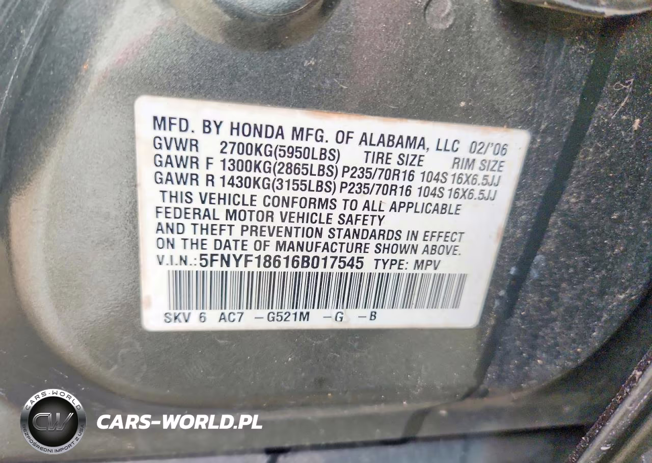 2006 Honda Pilot Ex VIN:5FNYF18616B017545 - 13