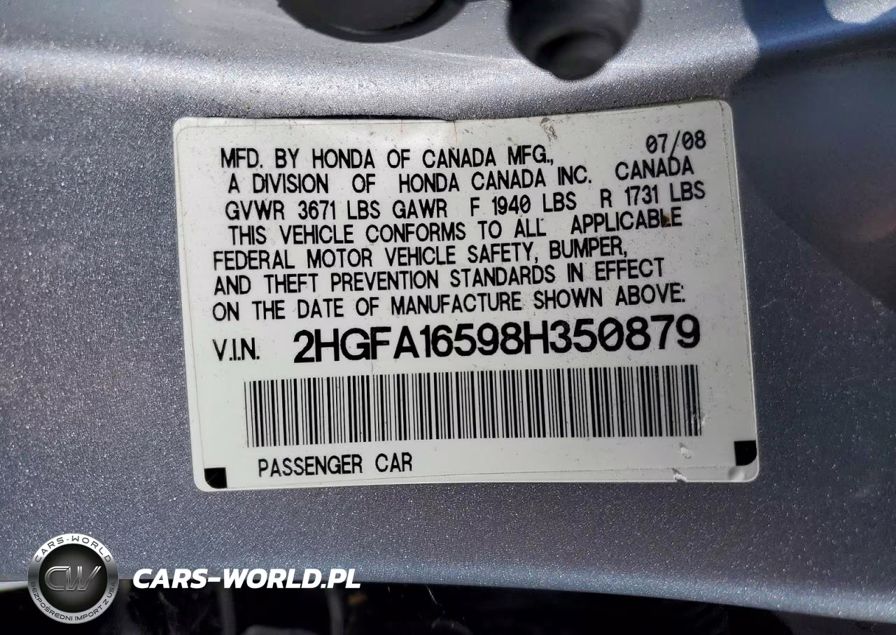 2008 Honda Civic Lx VIN:2HGFA16598H350879 - 12