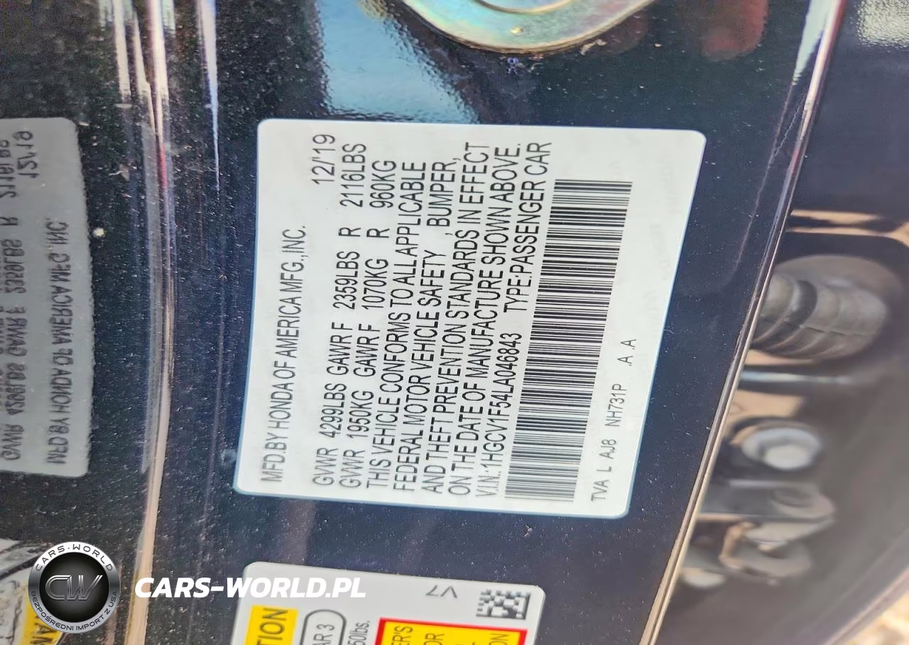 2020 Honda Accord Exl VIN:1HGCV1F54LA046843 - 12
