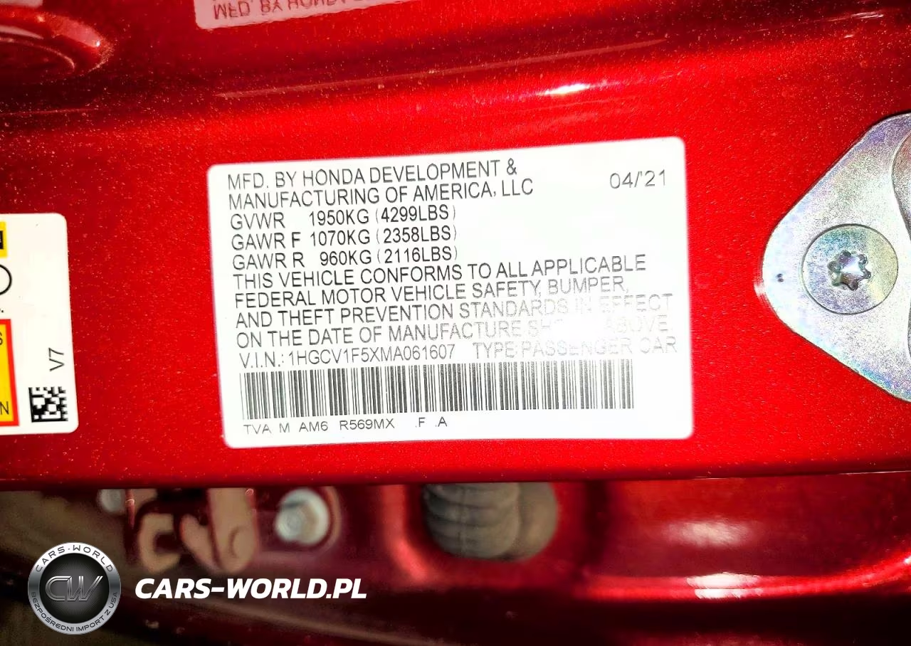 2021 Honda Accord Exl VIN:1HGCV1F5XMA061607 - 12