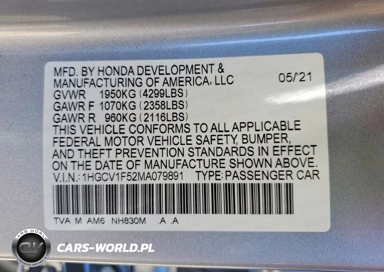 2021 Honda Accord Exl VIN:1HGCV1F52MA079891 - 12