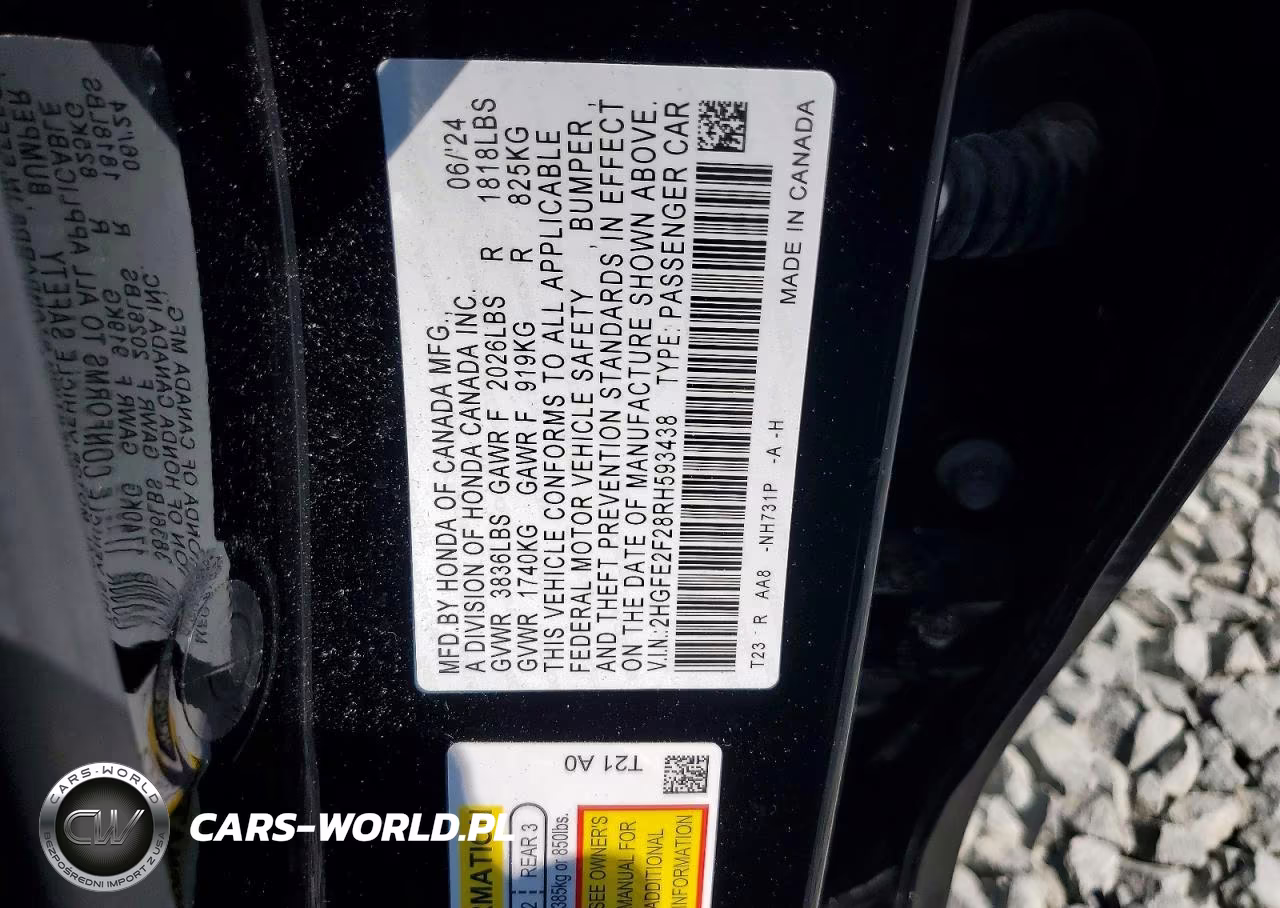 2024 Honda Civic Lx VIN:2HGFE2F28RH593438 - 12