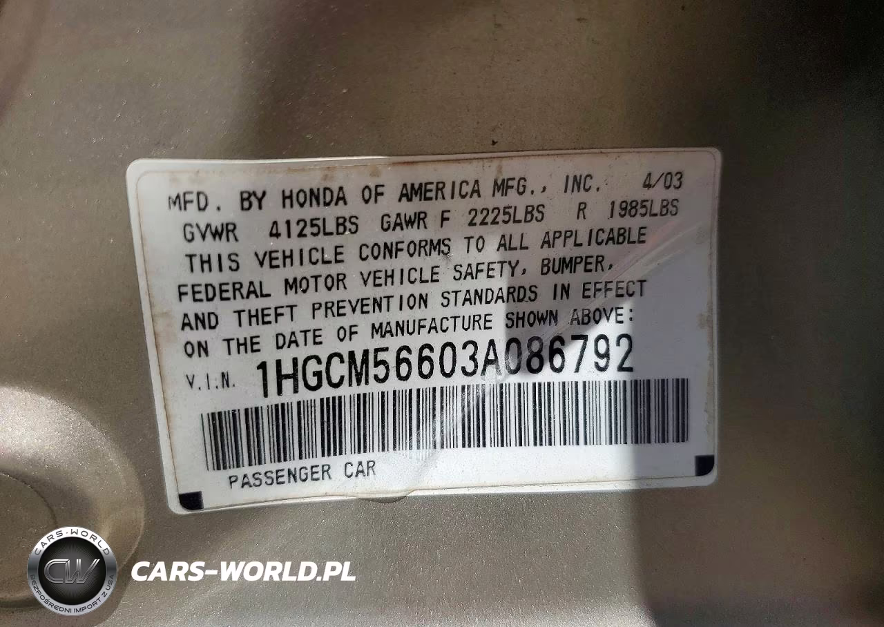 2003 Honda Accord Ex VIN:1HGCM56603A086792 - 12