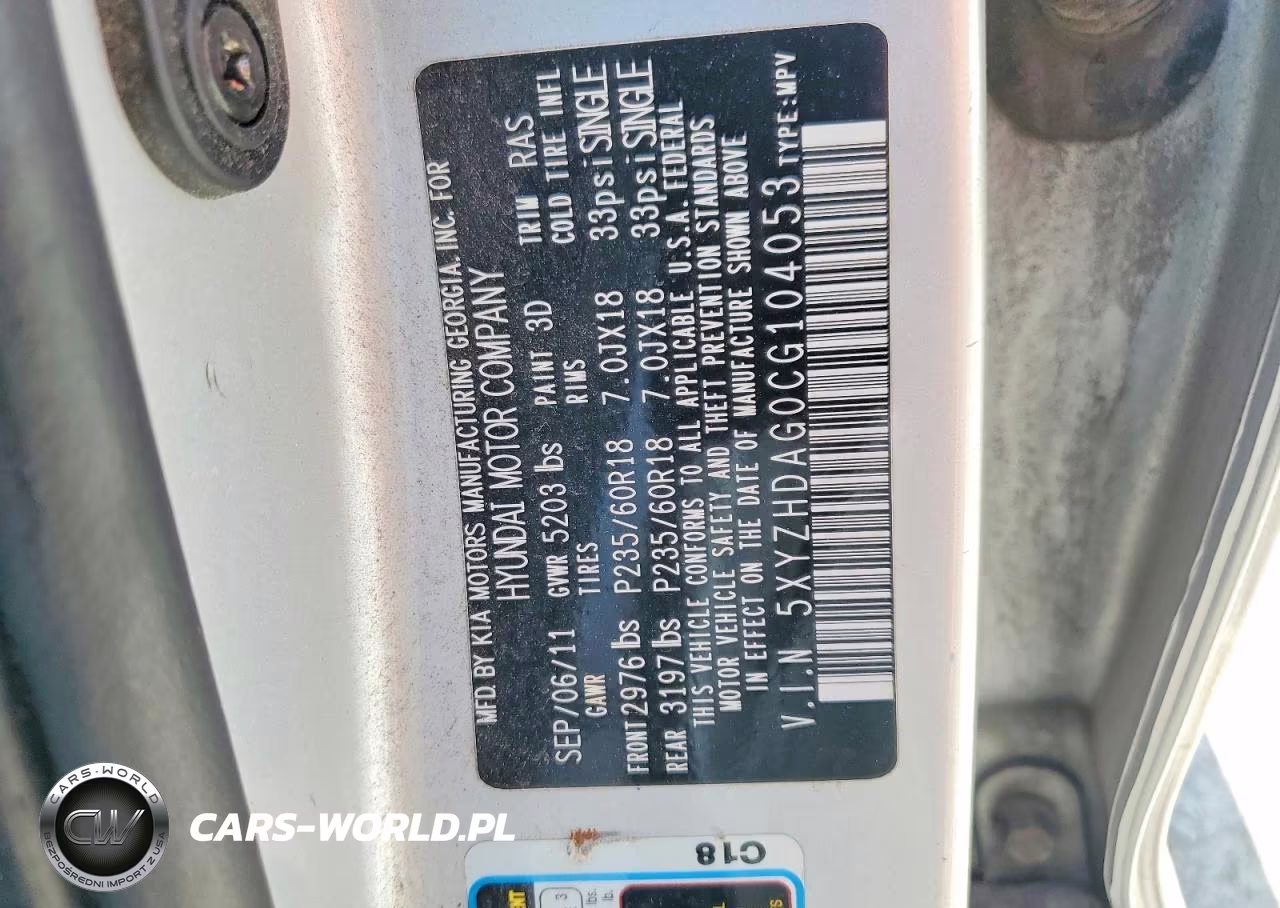 2012 Hyundai Santa Fe Se VIN:5XYZHDAG0CG104053 - 12