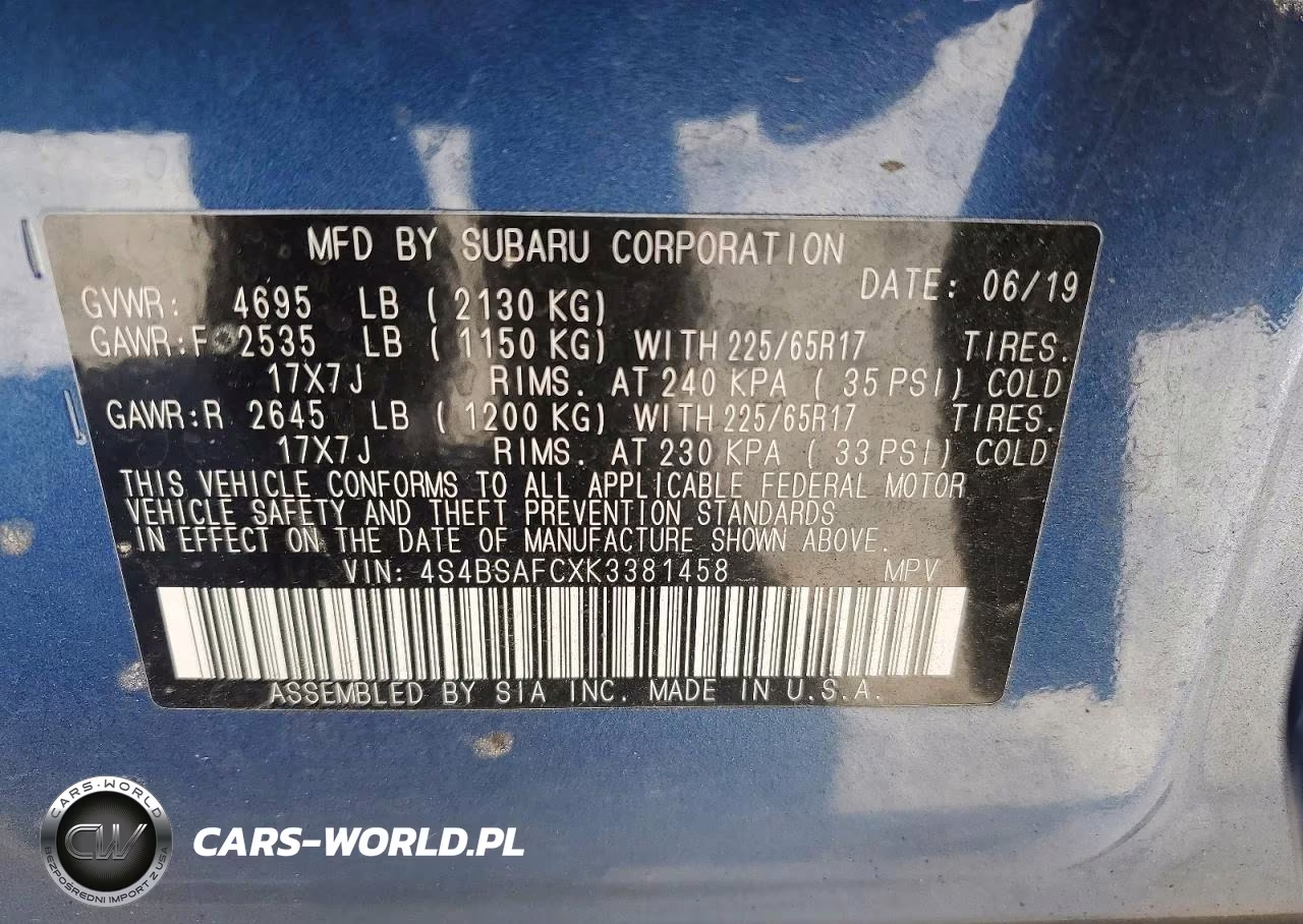 2019 Subaru Outback 2.5I Premium VIN:4S4BSAFCXK3381458 - 14