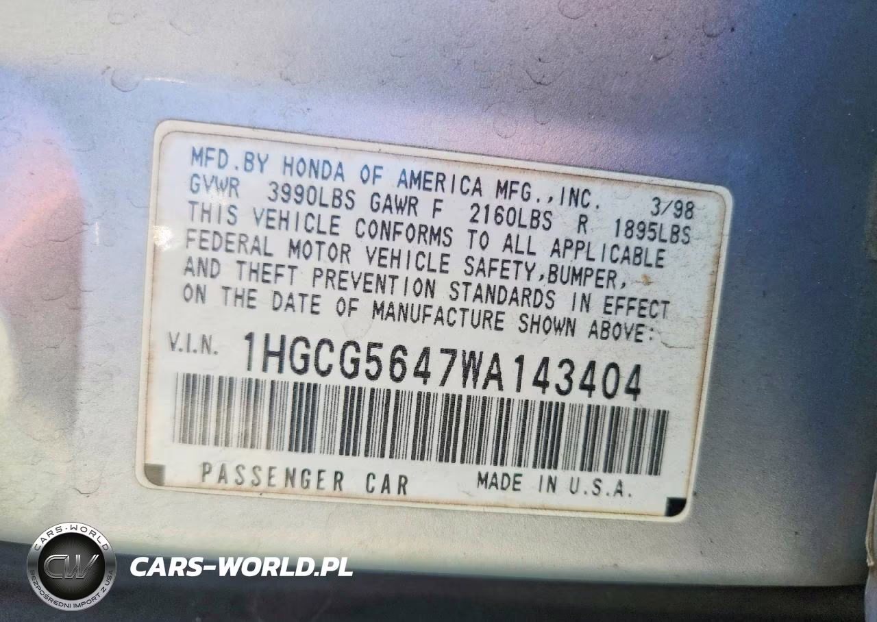 1998 Honda Accord Lx VIN:1HGCG5647WA143404 - 12